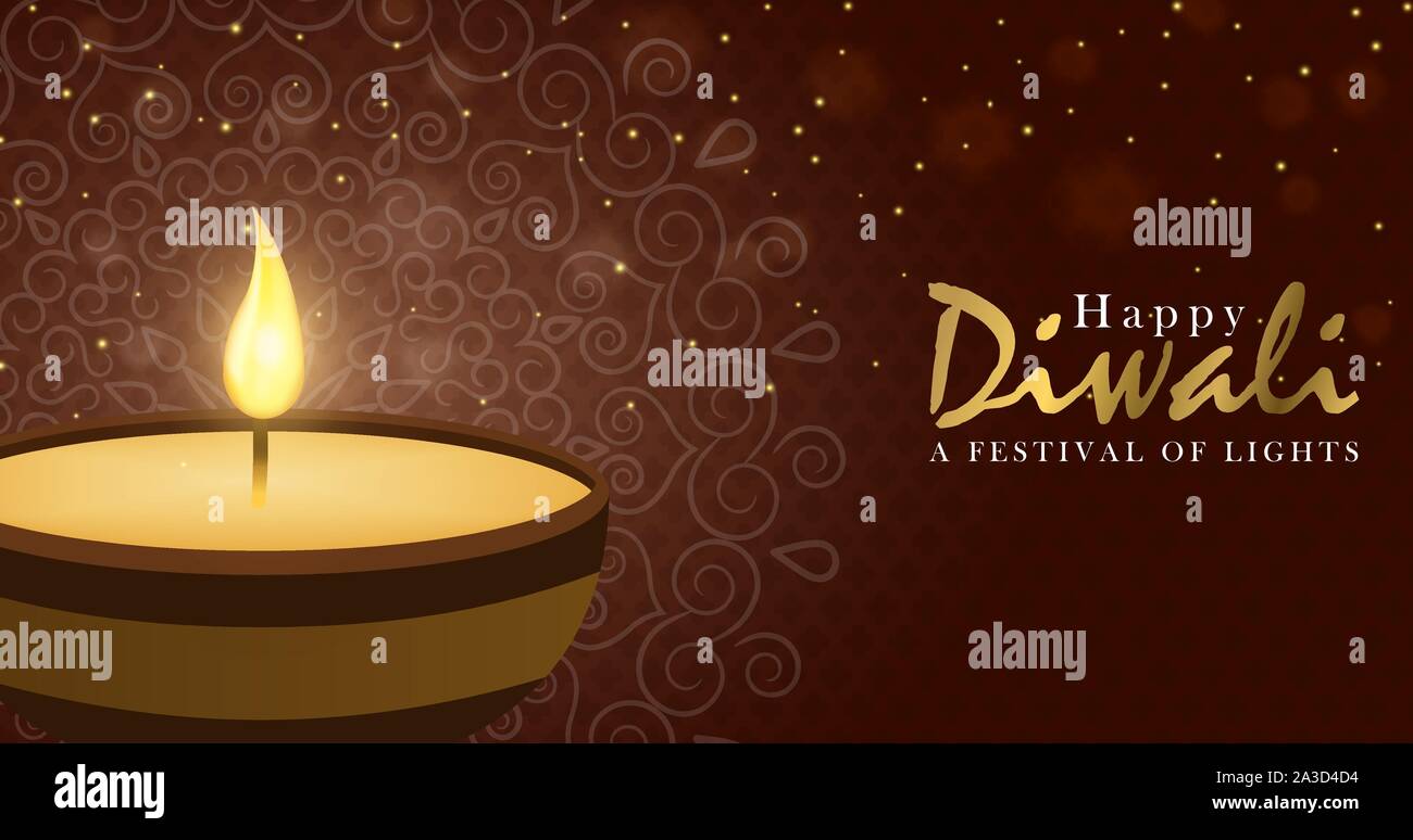 Felice Diwali banner illustrazione dell'oro diya candela ed eleganti luci d'oro per il tradizionale festival indiano celebrazione. Illustrazione Vettoriale
