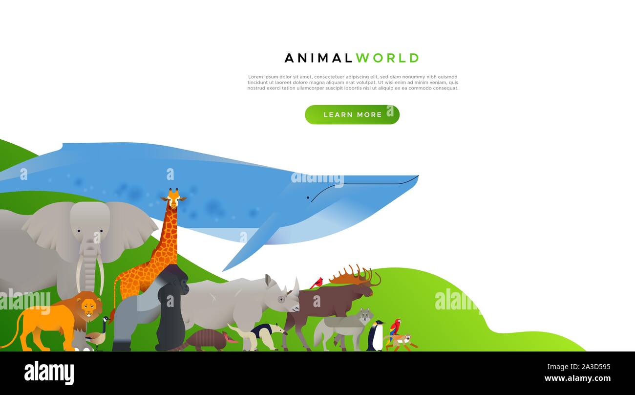 Mondo Animale concetto landing page sfondo con diversi animali selvatici cartoon. Online web modello educativo per la conservazione della fauna selvatica o di progettazione IT Illustrazione Vettoriale