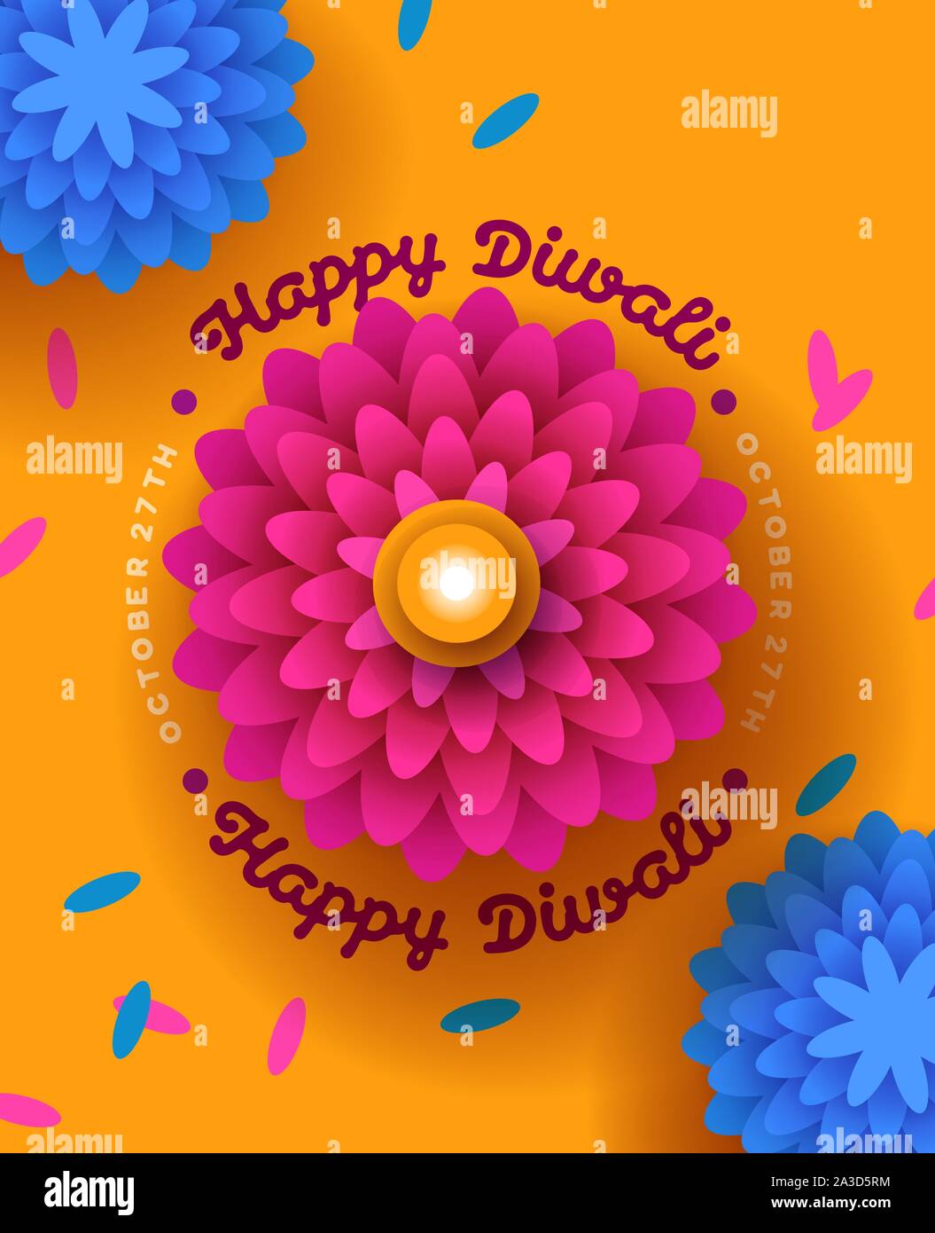 Felice Diwali greeting card illustrazione della bella indiana tradizionale candela fiore in papercut stile. Festival indù celebrazione del design per festività Illustrazione Vettoriale
