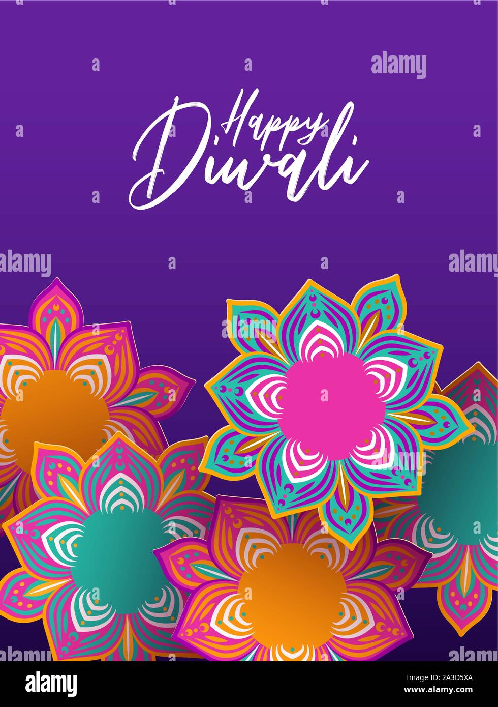 Felice Diwali Festival greeting card illustrazione della tradizionale celebrazione indù fiori in 3d papercut stile indiano per l'evento di festa. Illustrazione Vettoriale