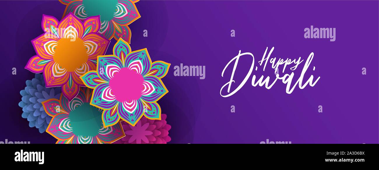 Felice Diwali Festival banner web illustrazione della tradizionale celebrazione indù fiori in 3d papercut stile indiano per l'evento di festa. Illustrazione Vettoriale