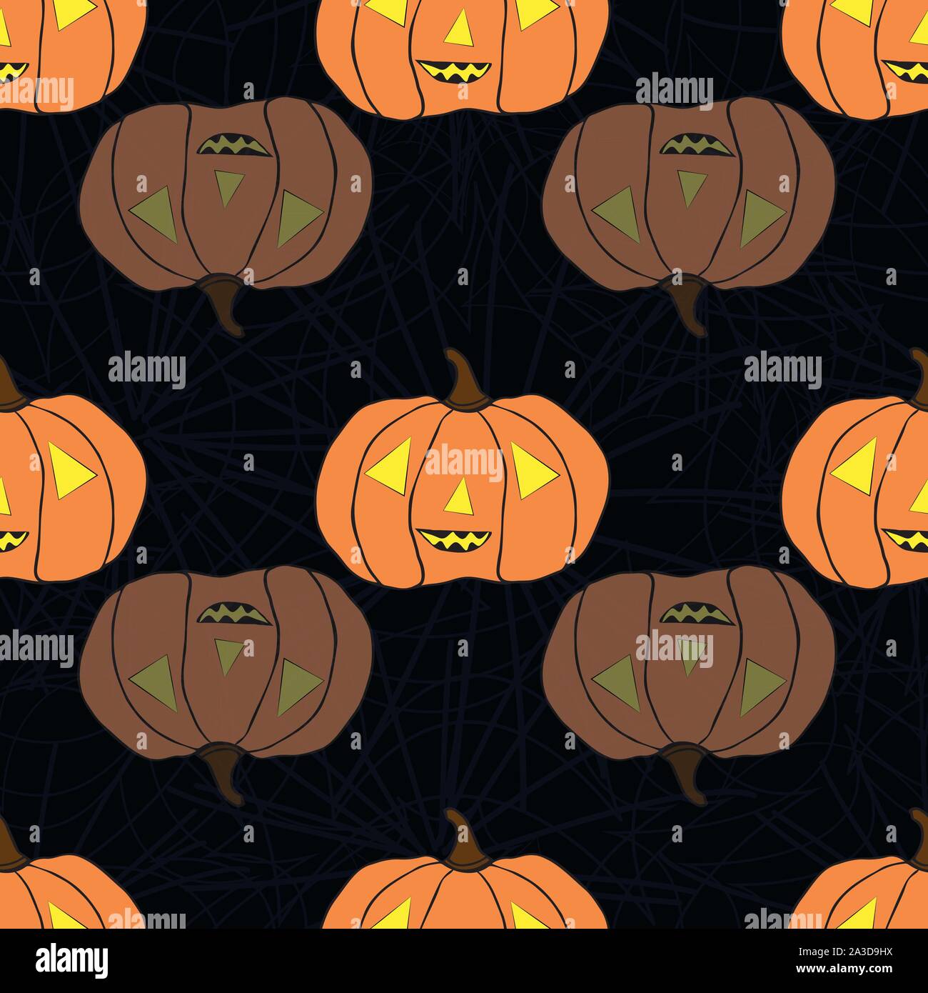 Luminose spooky arancione trasparente e zucche. Vettore di Seamless pattern su sottili spiderweb sfondo nero. Ideale per prodotti di Halloween, pacchetto regalo Illustrazione Vettoriale