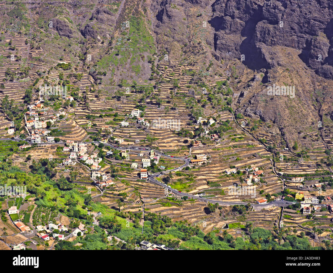 Spettacolarmente ripidi paesaggi terrazzati sul fianco di una montagna gamma sull'isola delle Canarie di La Gomera, Valle Gran Rey.. A sinistra nella foto Foto Stock