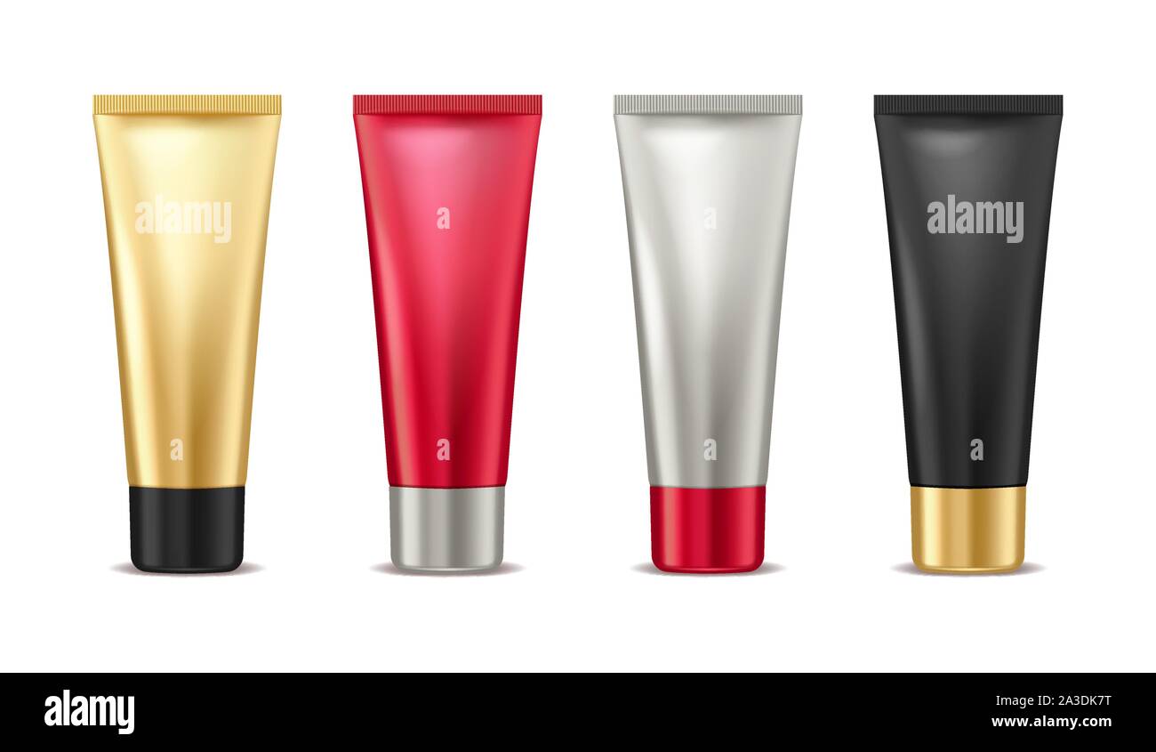 Blank mock up oro, rosso, argento e nero tubo per prodotto cosmetico impostare isolati su sfondo bianco, confezione contenitore per la crema, lozione, dentifricio Illustrazione Vettoriale