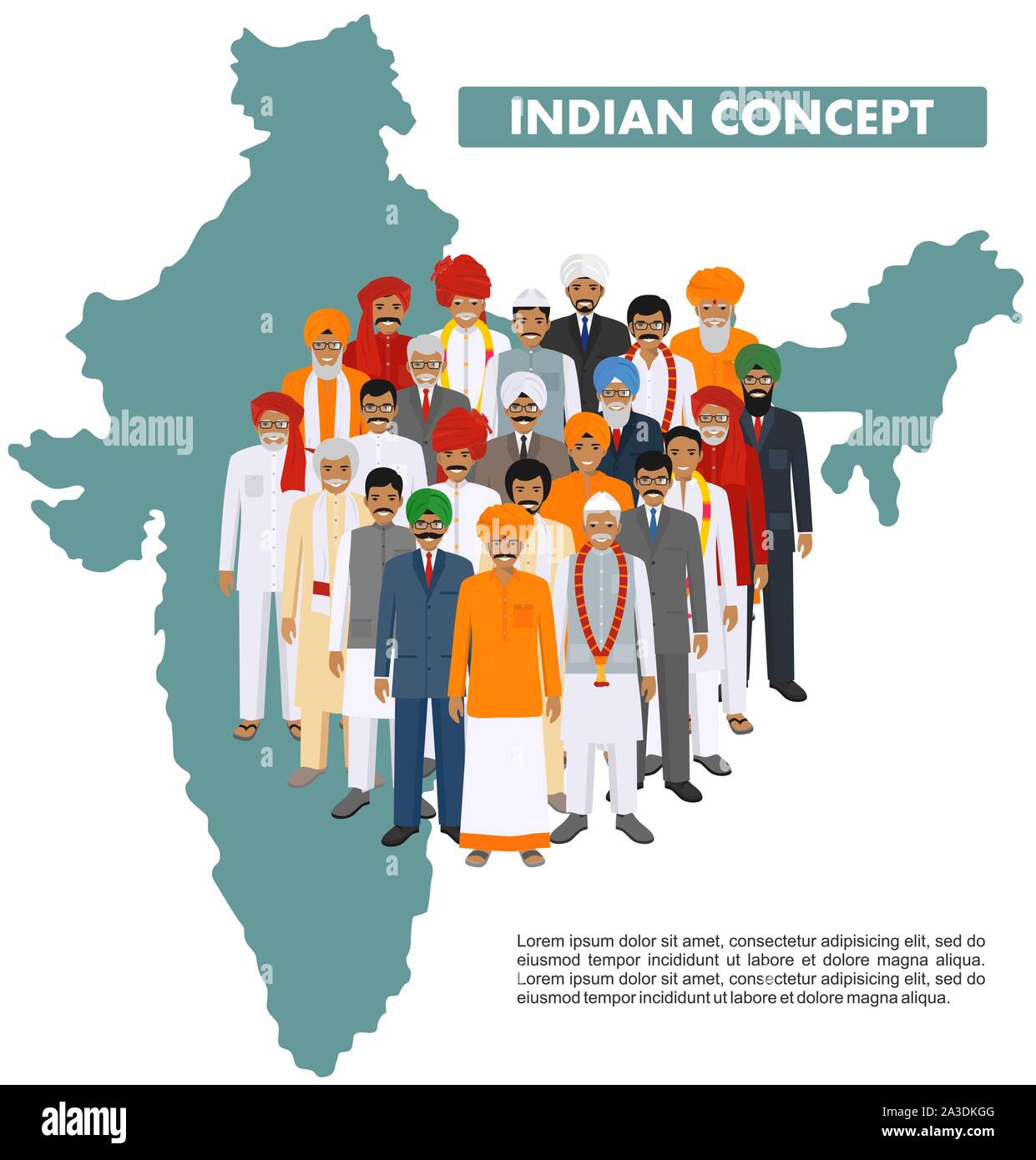 Famiglia e concetto sociale. Indiano del gruppo giovani e adulti in piedi insieme in diversi tradizionali vestiti nazionali sullo sfondo con mappa di Illustrazione Vettoriale