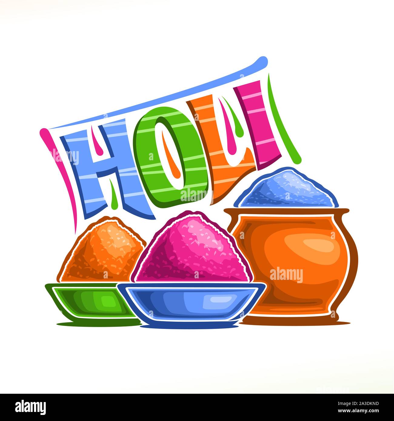 Poster del vettore per Indian Holi festival, il logo colorato per la vacanza tradizionale holi in India, divertimento spring festival indù di colori, font decorativi per Illustrazione Vettoriale