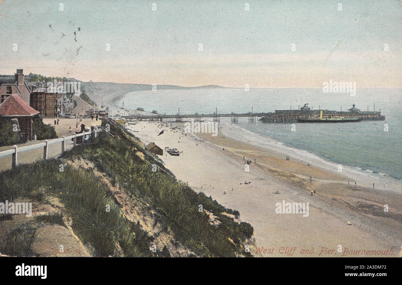Vintage Edwardian cartolina con West Cliff e il molo di Bournemouth Dorset, Inghilterra Foto Stock