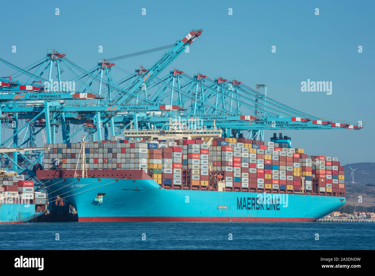 Porto di Algeciras, Spagna; ottobre//06/2019; m/v Maria Maersk Container carico della nave a Maersk APM di Terminal Container. Foto Stock