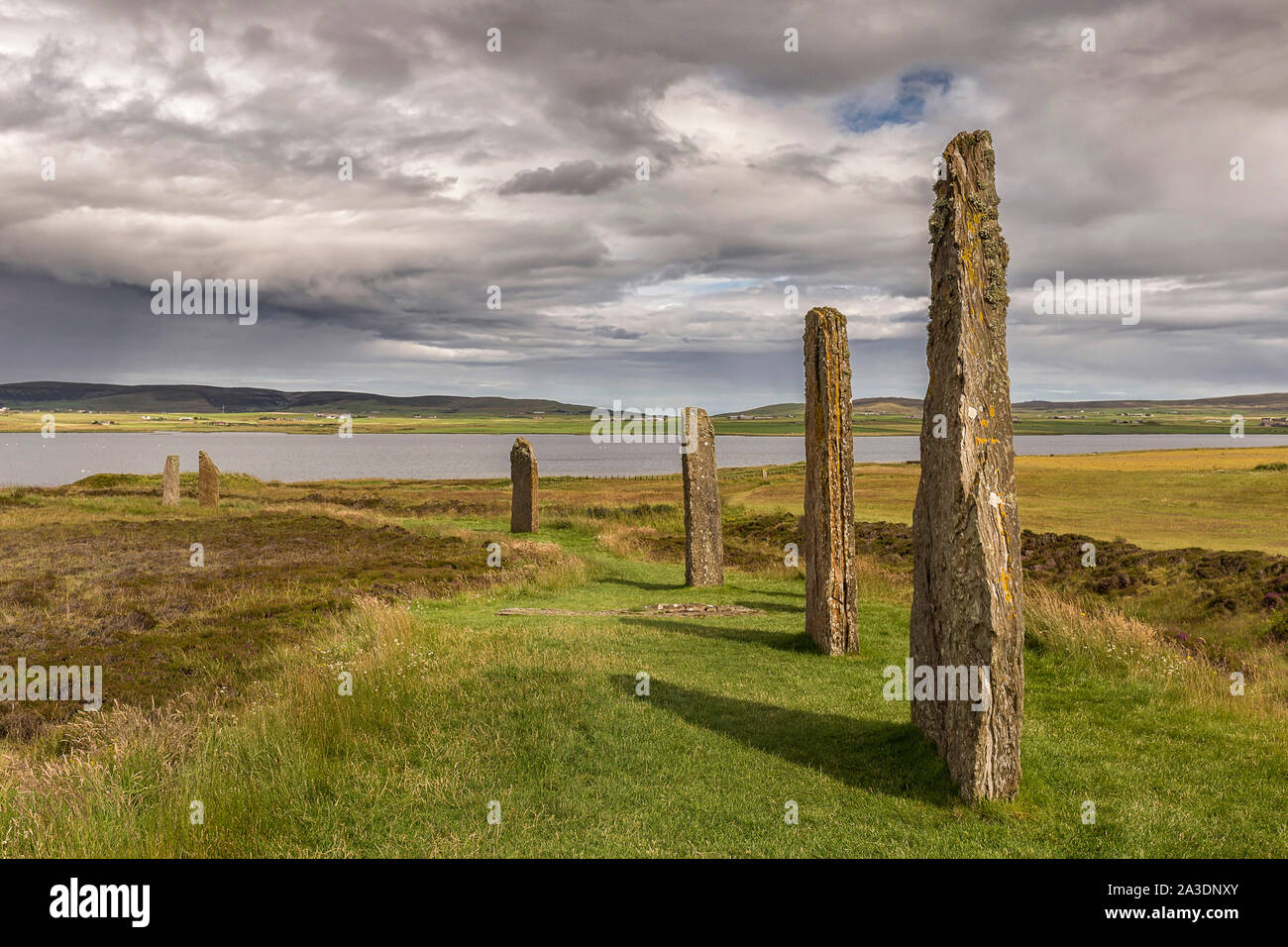 Anello di Brodgar, isole Orcadi, Scozia. Neolitico un cerchio di pietra e henge Foto Stock