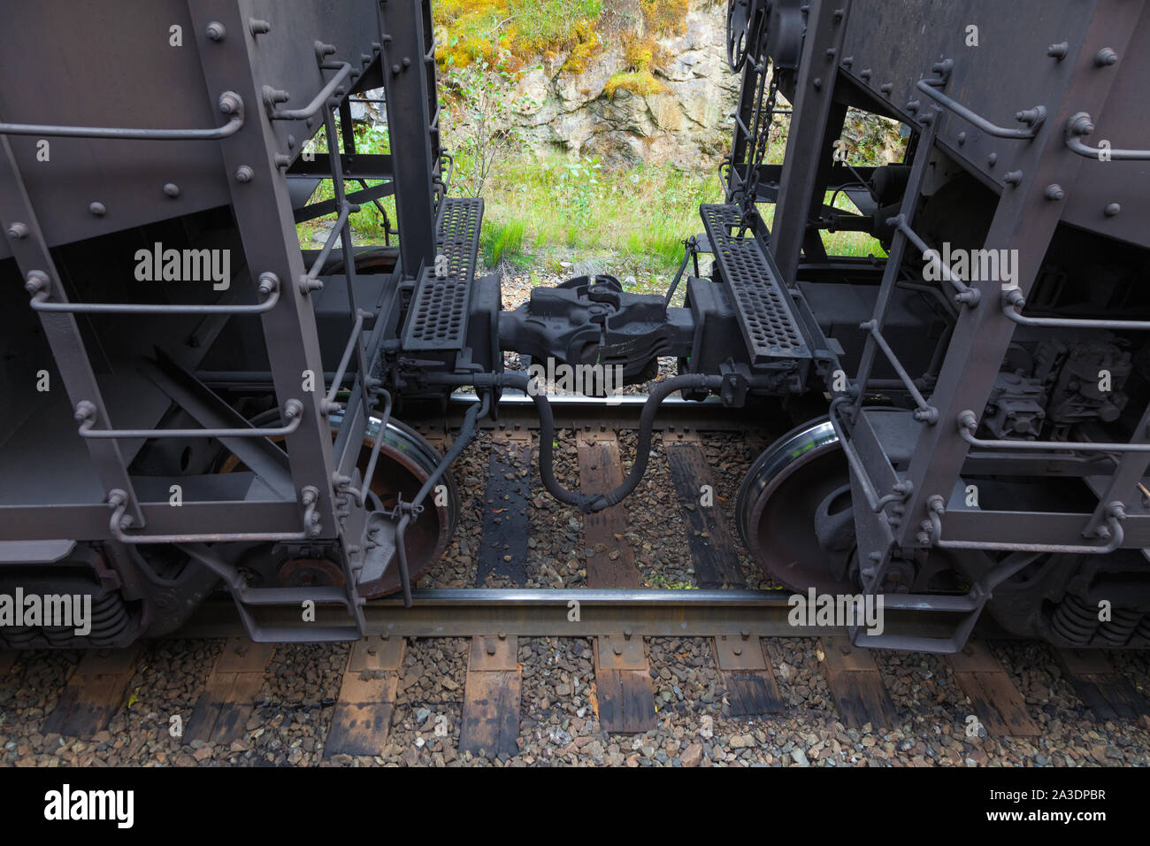 Dettaglio della interconnessione tra treno merci automotrici ferroviarie visto dal rocky mountaineer treno turistico in British Columbia Canada Foto Stock