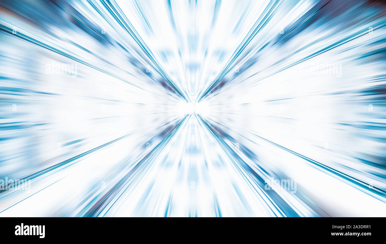 Zoom di sfocatura dello sfondo astratto in blu e bianco e punto di fuga prospettica in diminuzione. Information technology, tech wallpaper, connessione internet Foto Stock