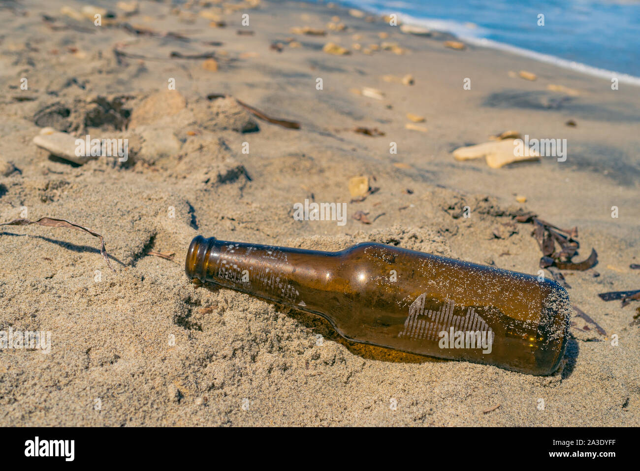 Bottiglia vuota come garbage è abbandonato sulla spiaggia Foto Stock