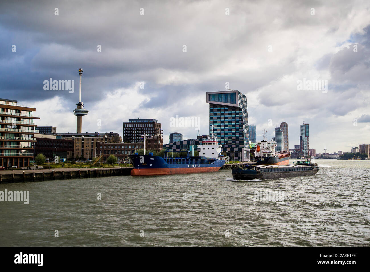 Il porto di Rotterdam di navi e galleggianti con Scheepvaart-en College ed Euromast. Foto Stock