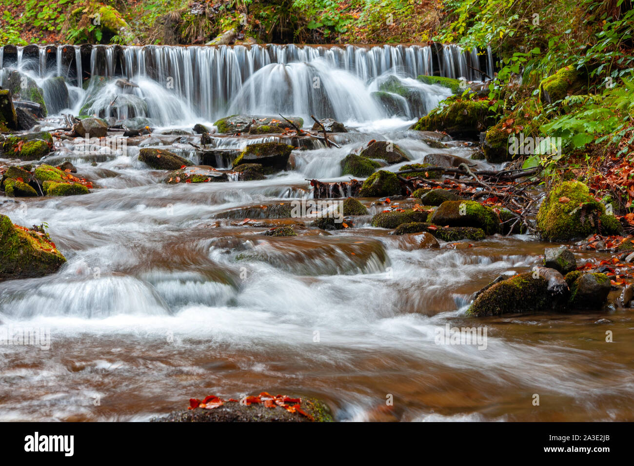 La montagna bella cascata con alberi, rocce e sassi nella foresta di autunno Foto Stock