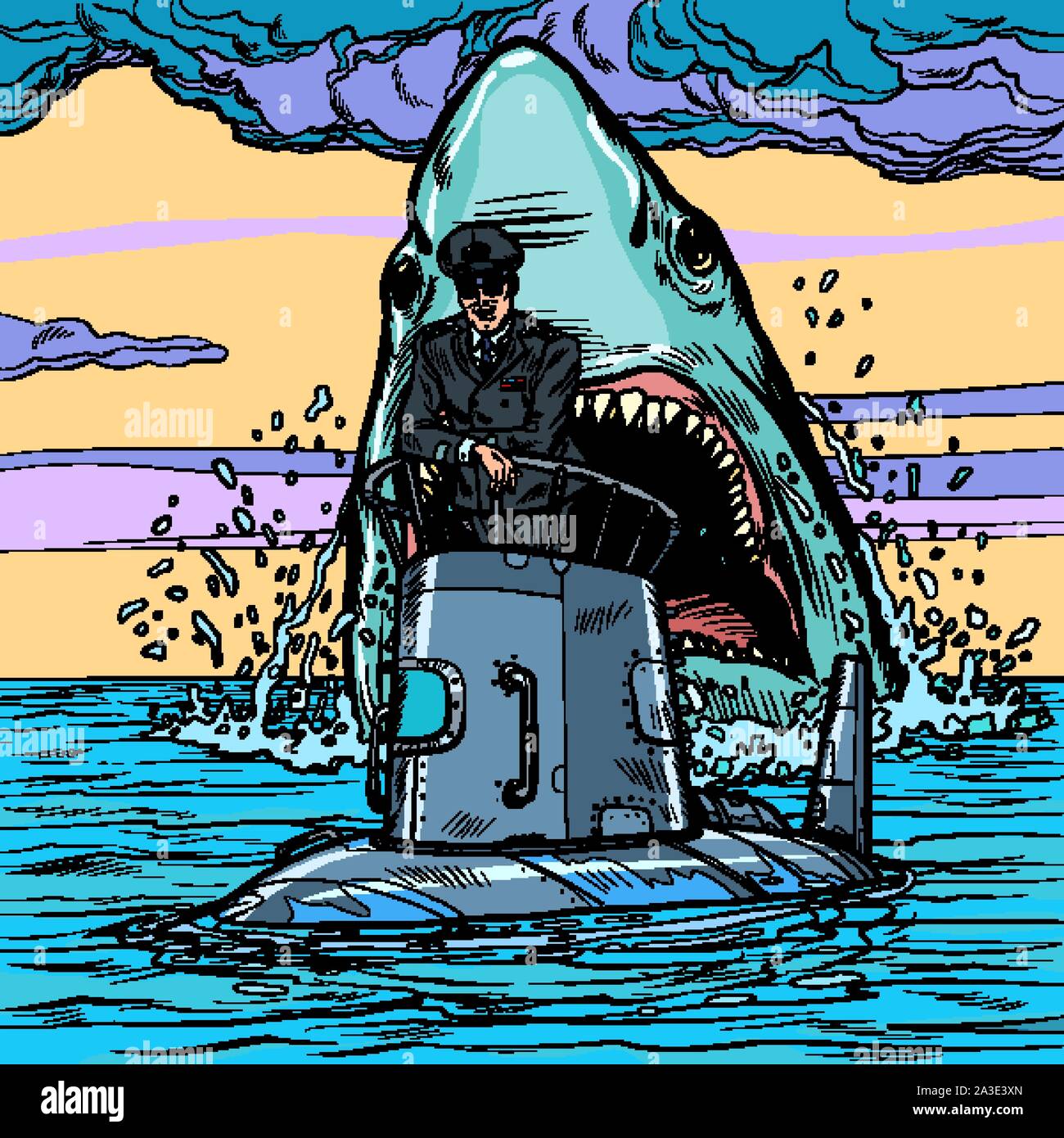 Il capitano del sottomarino. Attacco di squalo. La Pop art retrò illustrazione vettoriale disegno Illustrazione Vettoriale