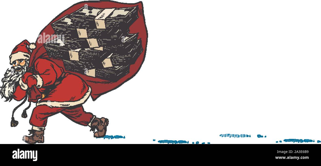 Santa con un sacco di dollari premio in denaro. Natale e Anno Nuovo. La Pop art retrò illustrazione vettoriale kitsch disegno vintage Illustrazione Vettoriale
