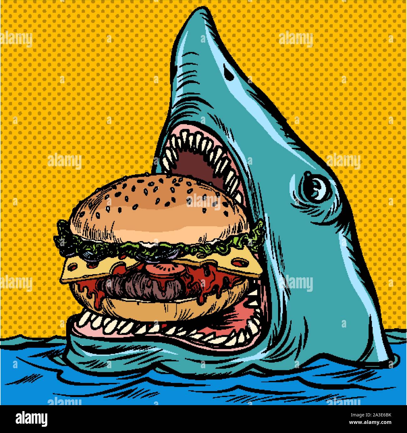 Hungry Shark mangiare un hamburger. un ristorante fast food concept. La Pop art retrò illustrazione vettoriale kitsch disegno vintage Illustrazione Vettoriale