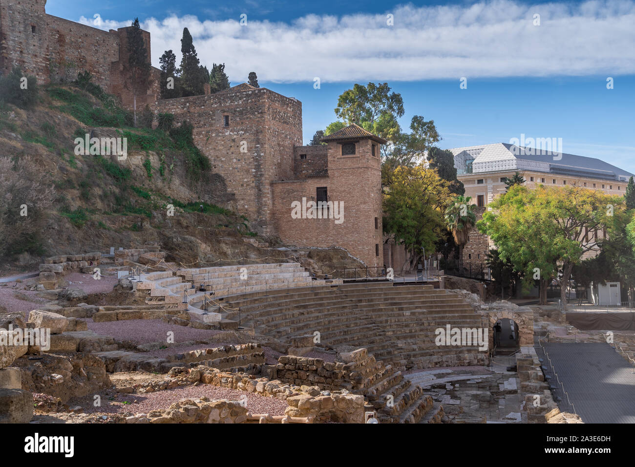 Vista l'Anfiteatro Romano a Malaga Spagna Foto Stock