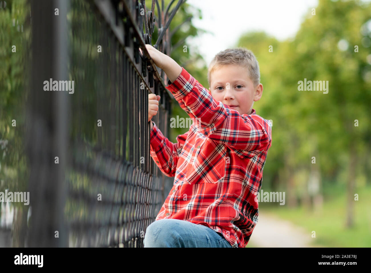 Il ragazzo è salito il recinto forgiato. Foto Stock