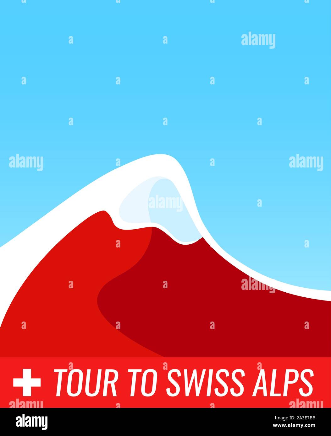 Gita alle Alpi Svizzere - Vettore illustrazione Banner, cartellone con montagne alpine in colori nazionali della Svizzera con la bandiera e la didascalia. Travel Mockup w Illustrazione Vettoriale