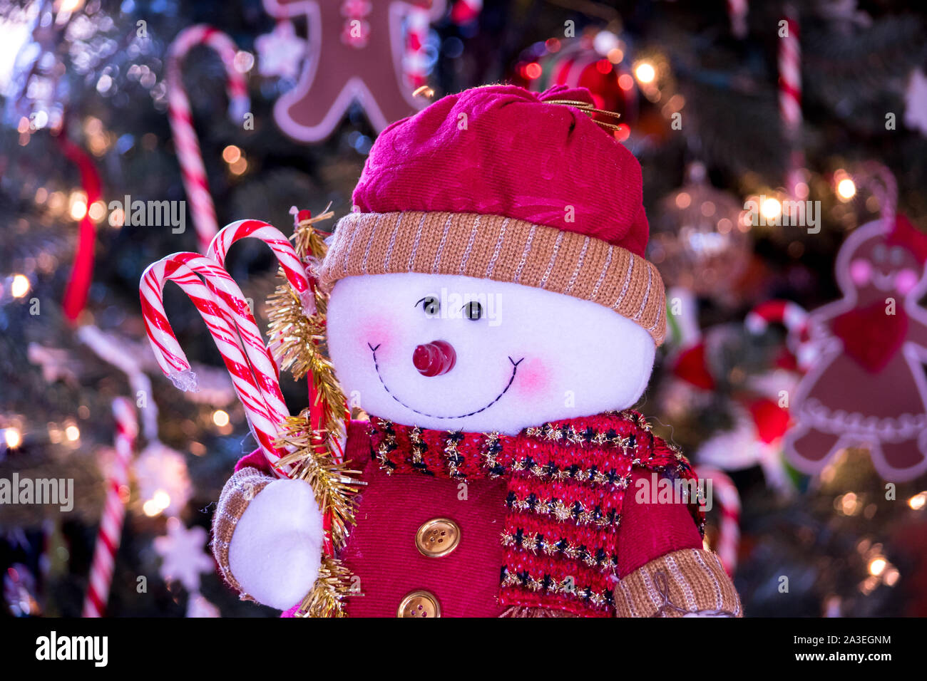 Adorabile pupazzo di neve in rosso, con la caramella canne e un simpatico sorriso Foto Stock
