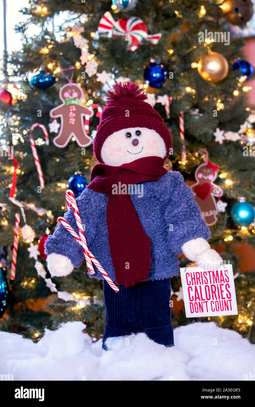 Carino pupazzo di neve ripiene indossa caldo abbigliamento invernale e pone di fronte un colorato albero di Natale Foto Stock