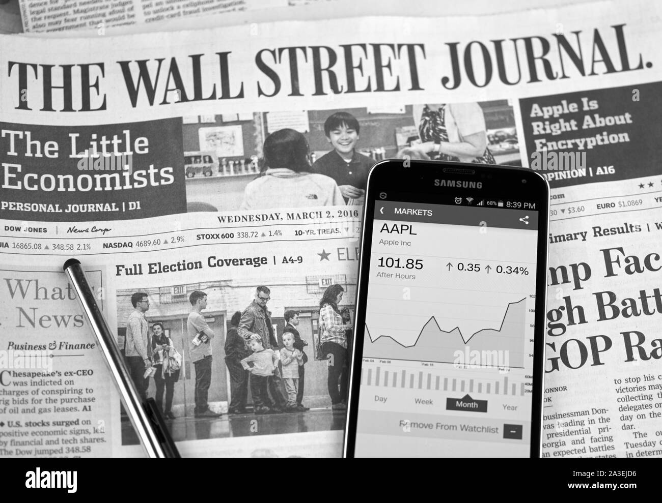 MONTREAL, Canada - 3 Marzo 2016 - Il Wall Street Journal giornale con Samsung S5 su di esso. Il Wall Street Journal è un American international daily Foto Stock