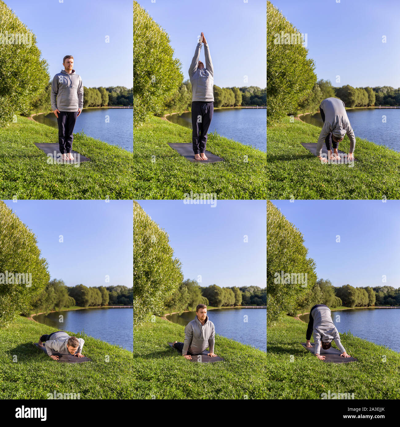 Collage di più foto sul tema dello yoga. L'uomo fare yoga asana nel parco della città. Centro Fitness all'aperto e di vita il concetto di equilibrio. Foto Stock