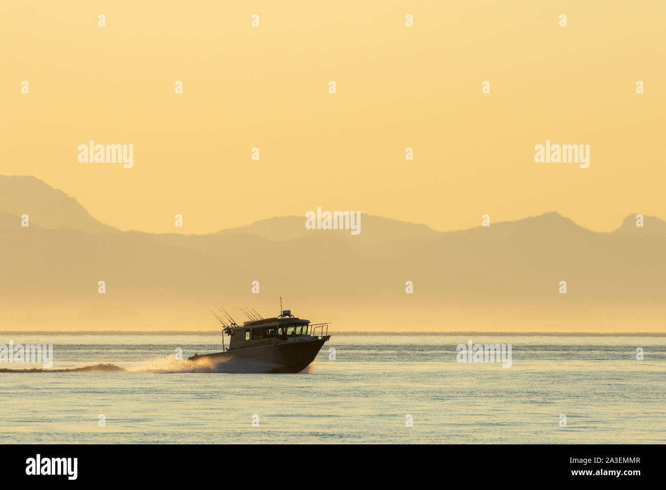 Stati Uniti d'America, Alaska, Pietroburgo, sport fishing boat motori attraverso acqua calma di Federico suono sulla sera d'estate. Foto Stock