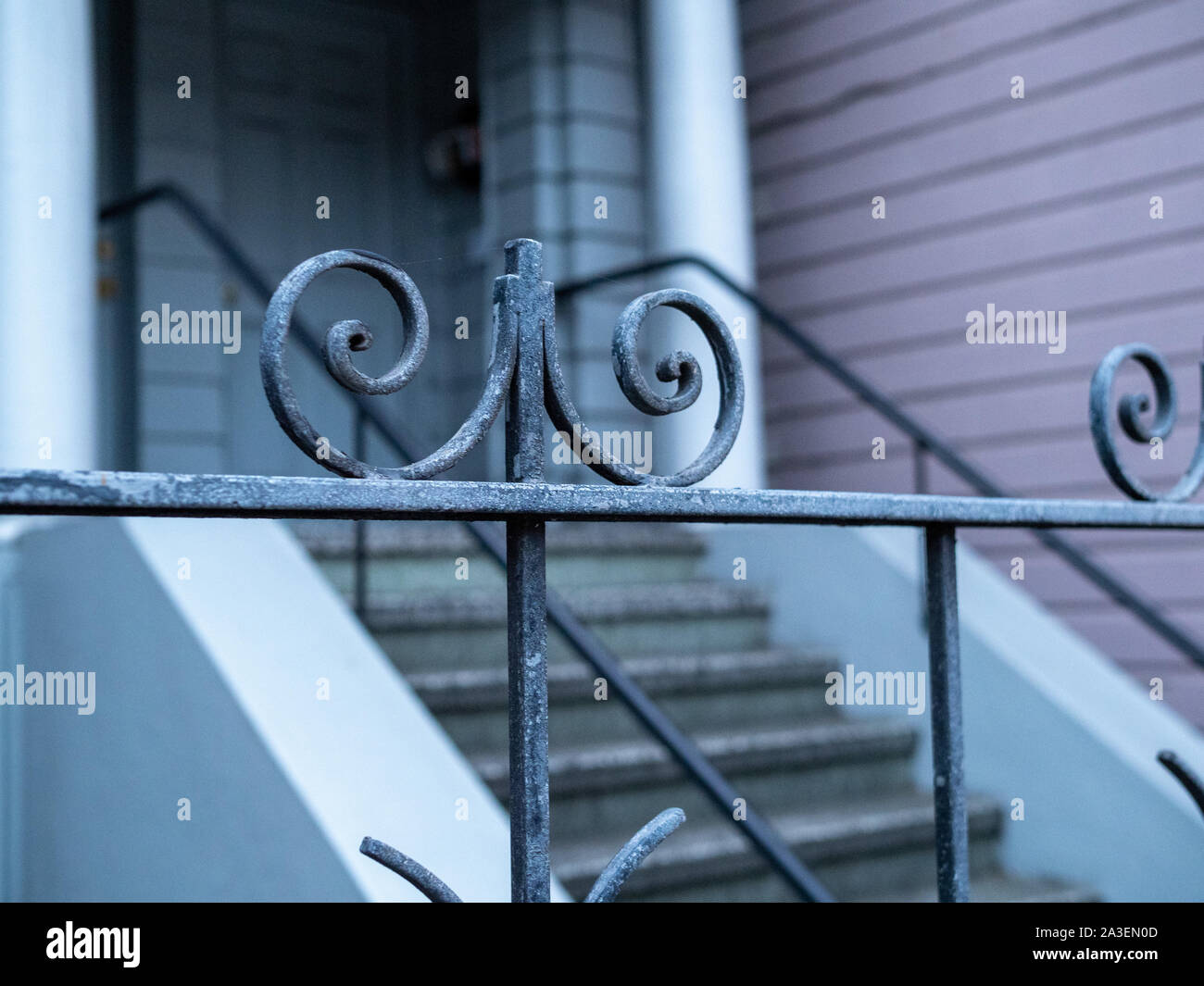 Vista ravvicinata di acciaio recinzione decorativo che conduce alla porta anteriore Foto Stock