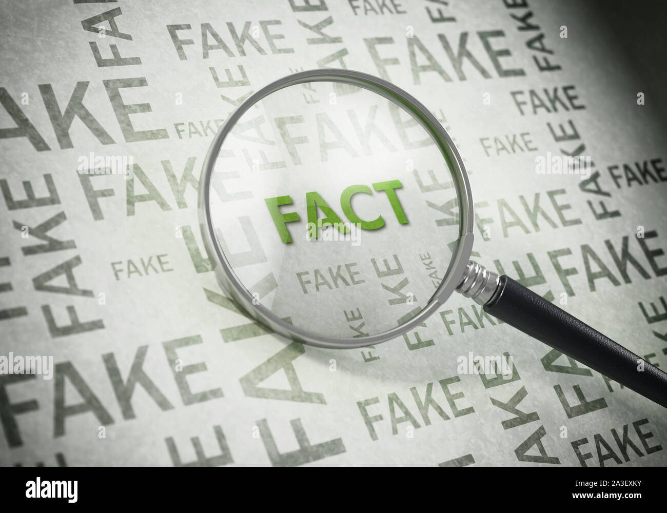 Lente di ingrandimento sul verde fatto testo in piedi fuori da false parole. 3D'illustrazione. Foto Stock