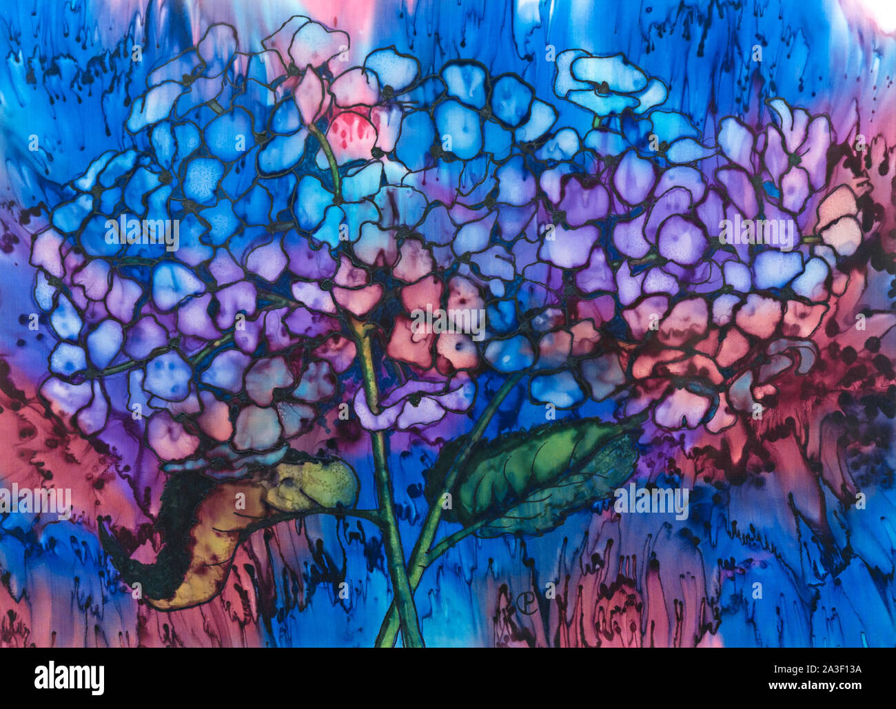 Fotografia della pittura di seta di fiori di Ortensia, utilizzando coloranti fissi a vapore, gutta e estrazione del colore con alcool di Paula Chapman. Foto Stock