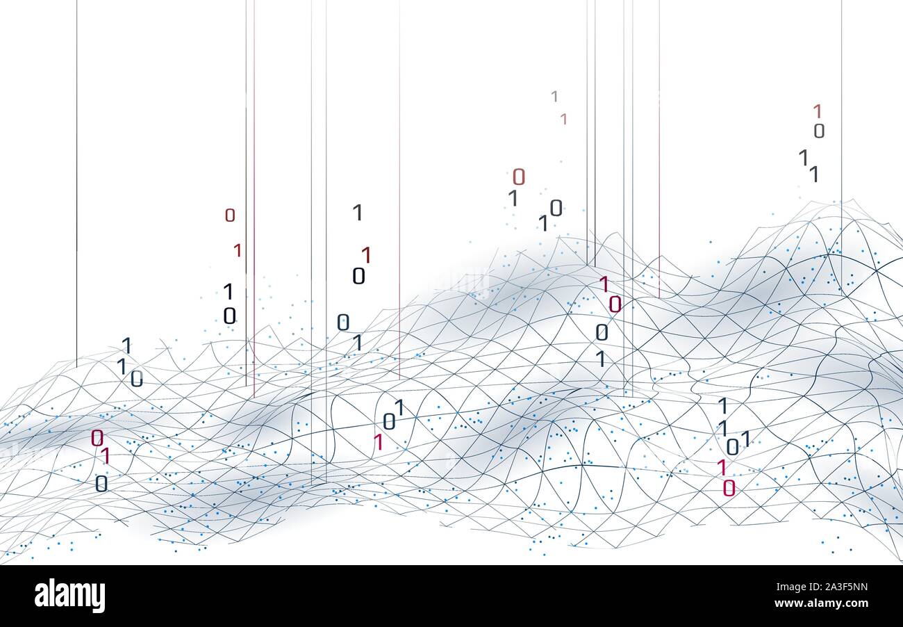 Panorama digitale astratto sfondo blu 3D. Concetto di analisi dei dati del flusso di codice informativo. Vettore di punti connessi a particelle di mesh a griglia moderna Illustrazione Vettoriale