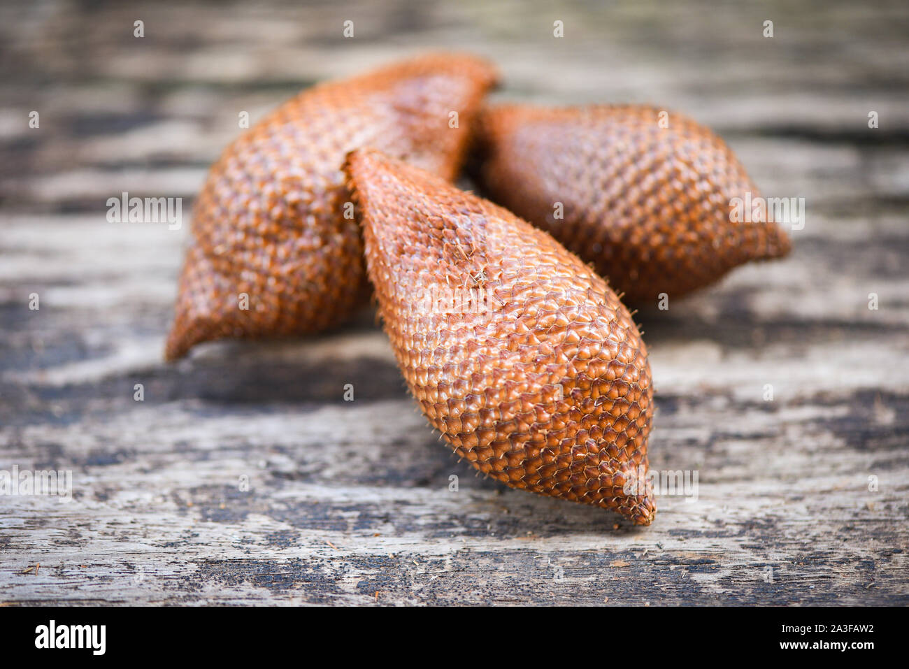 Salak on wooden background / Salak tropical fruit Salacca zalacca or Snake fruit palm Foto Stock