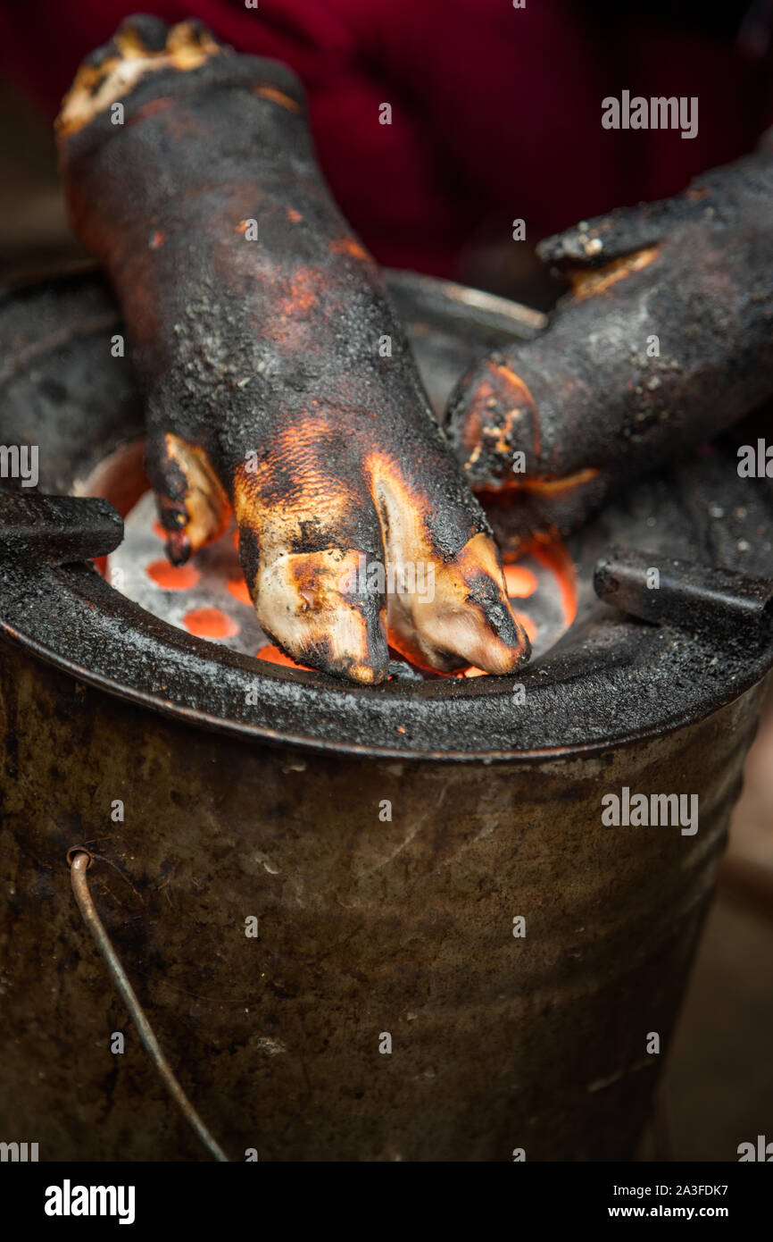 Ham garretti tostatura in piccolo una buca per il fuoco nel mercato mattutino di Hanoi, Vietnam Foto Stock