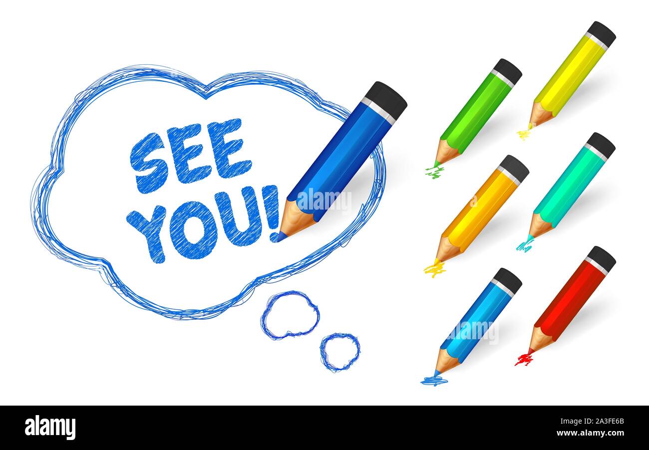 Vernice banner con matite. Disegnata a mano discorso bolla con scarabocchi, set di matite colorate e scritto il messaggio breve. Schizzo di cloud e preventivo, linee str Illustrazione Vettoriale