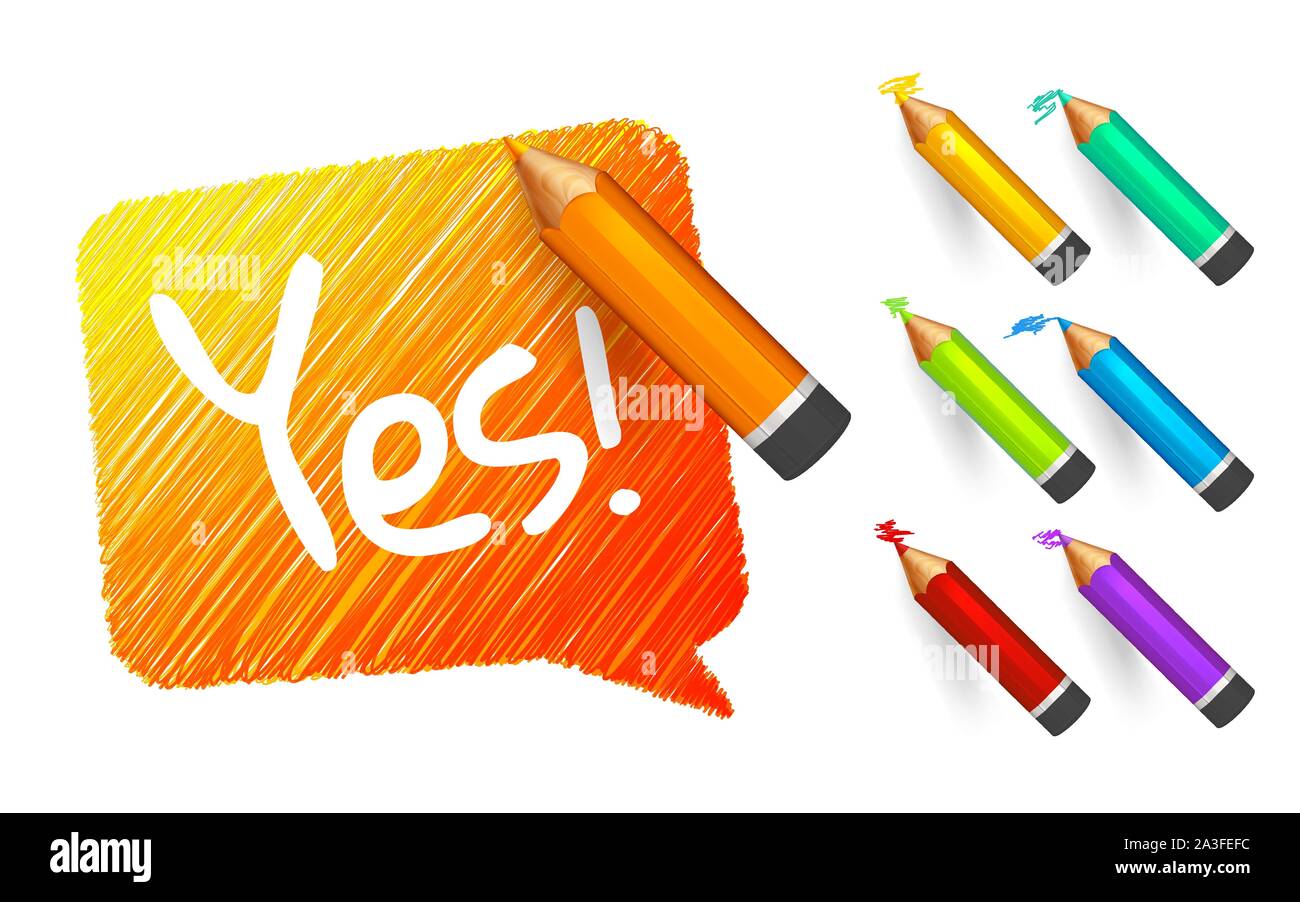 Vernice banner con matite. Disegnata a mano orange discorso bolla con scarabocchi, set di matite colorate e scritto il messaggio breve. Schizzo di cloud e preventivo, li Illustrazione Vettoriale