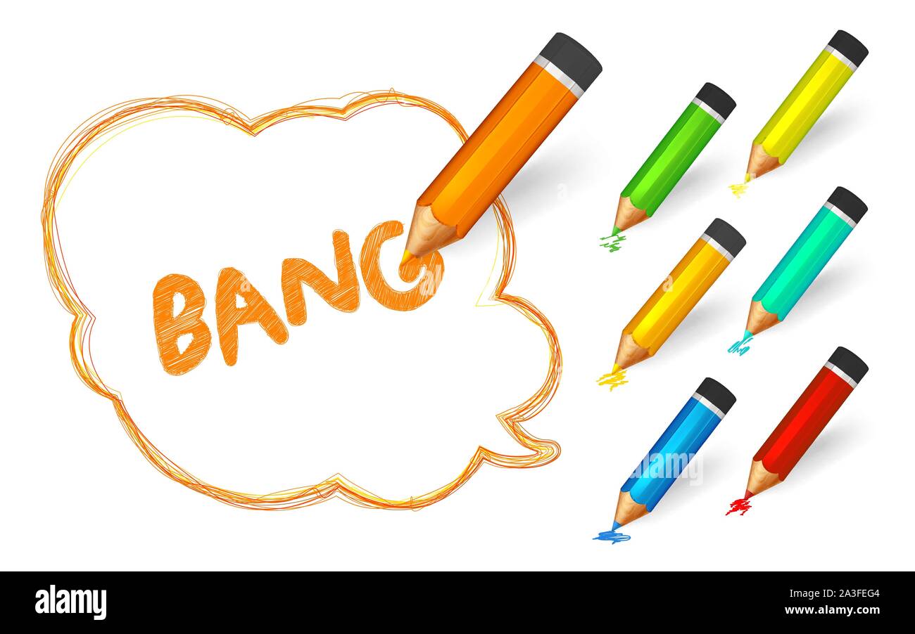 Discorso bolla vernice con matite. Disegnata a mano con banner scarabocchi, set di matite colorate e scritto il messaggio breve Super. Schizzo di cloud e preventivo, LIN Illustrazione Vettoriale