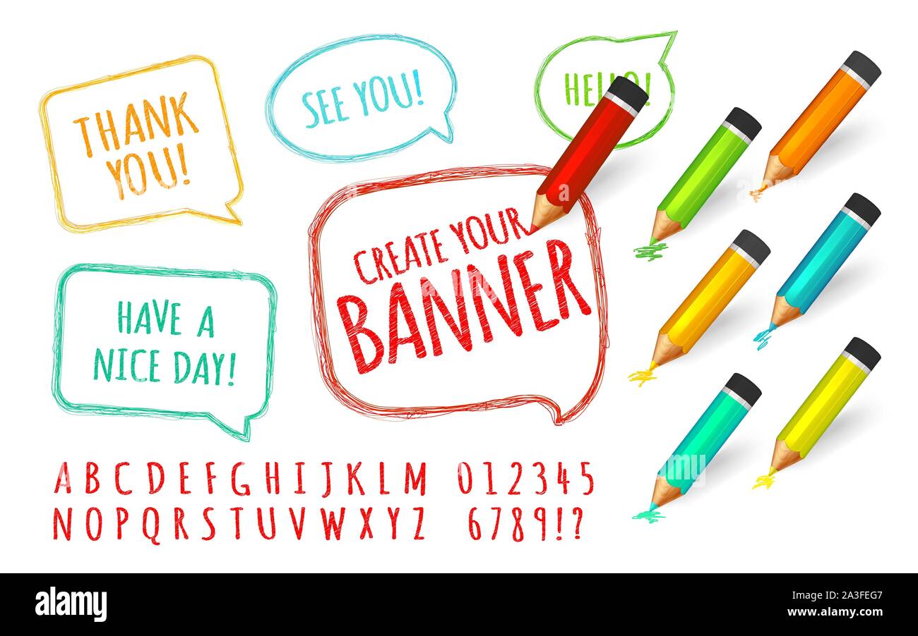 Serie di fumetti vernice con matite. Banner, raccolta di matite colorate e scarabocchi font per creare template vettoriale. Mano bozzetto, linea Illustrazione Vettoriale