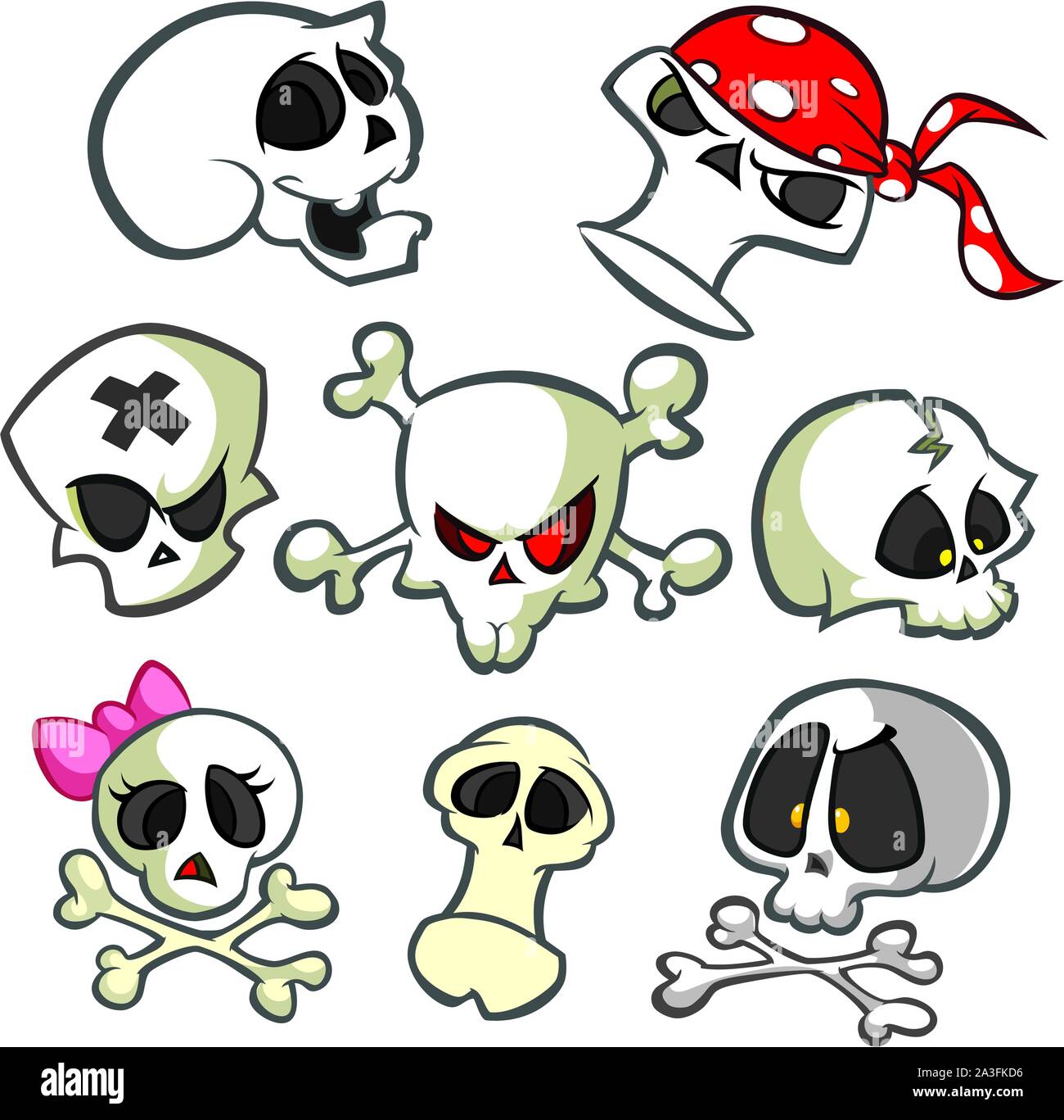 Una raccolta di vettore di cartoon teschi in vari stili. Le icone del cranio. Elementi di Halloween per la decorazione di partito Illustrazione Vettoriale
