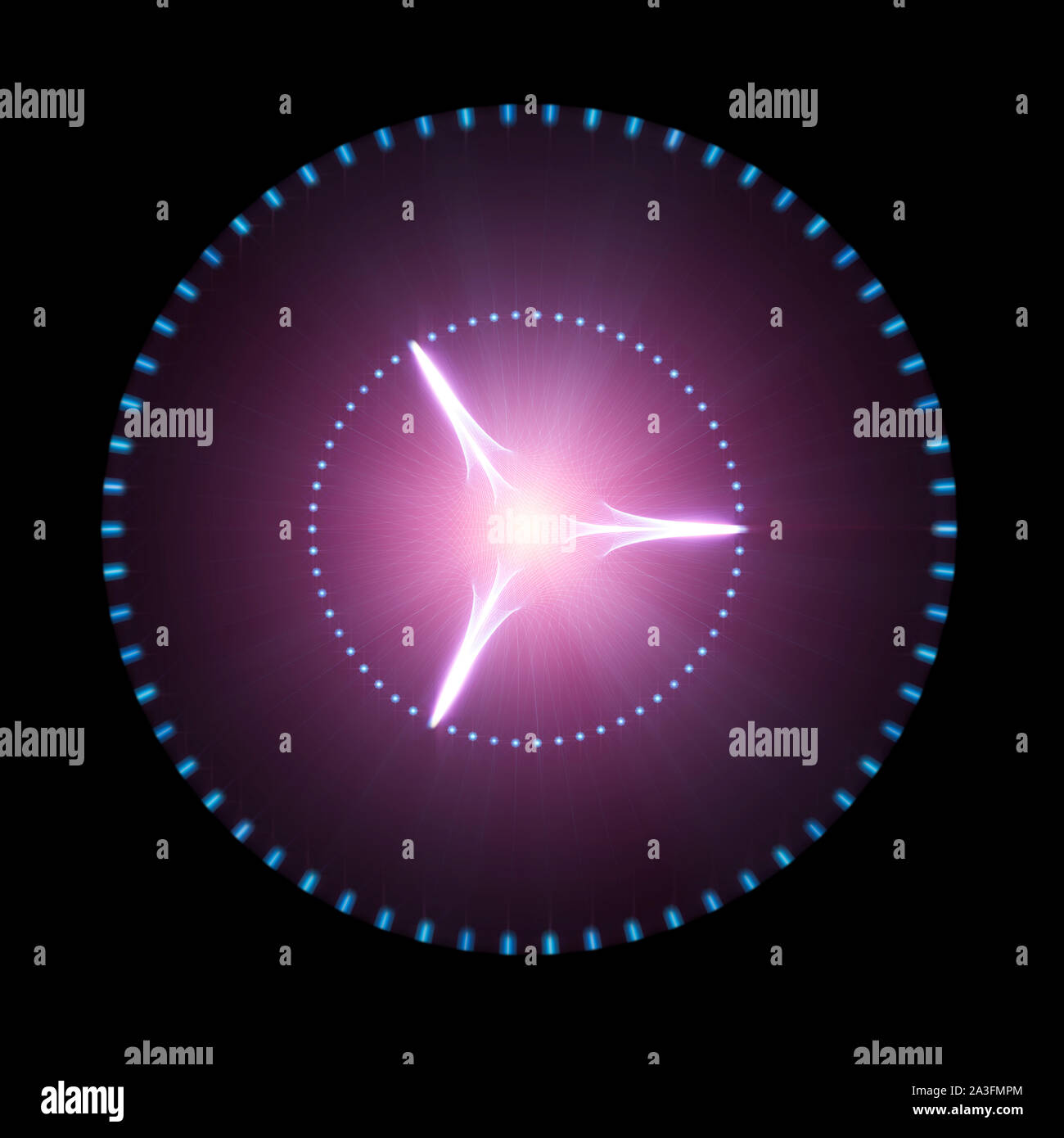 Incandescente disco viola con fasci di luce isolati su sfondo nero. Sci-Fi, futuristico e dello spazio esterno concetto Foto Stock