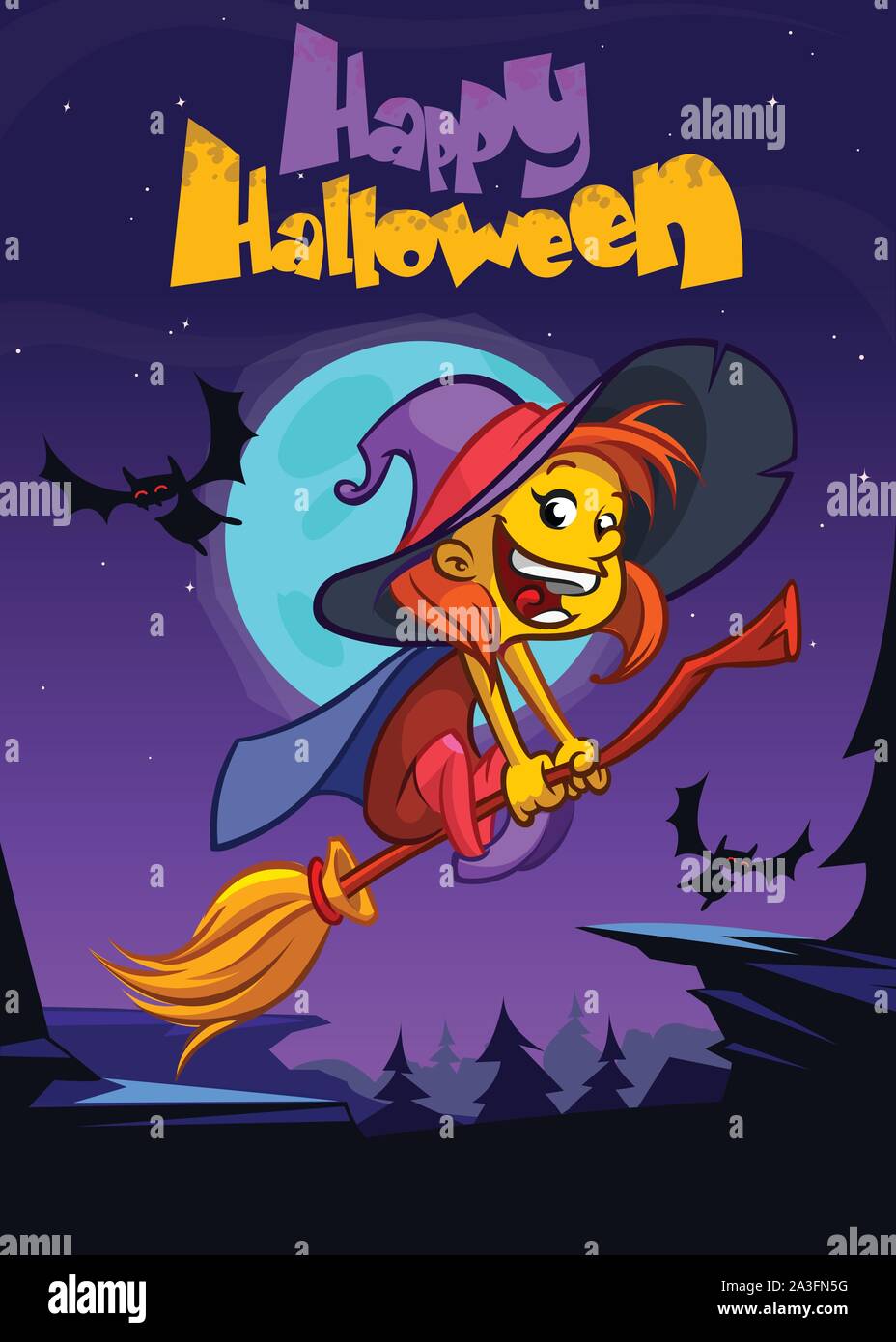 Carino strega volare sulla sua scopa. Vector Halloween invito alla festa Illustrazione Vettoriale