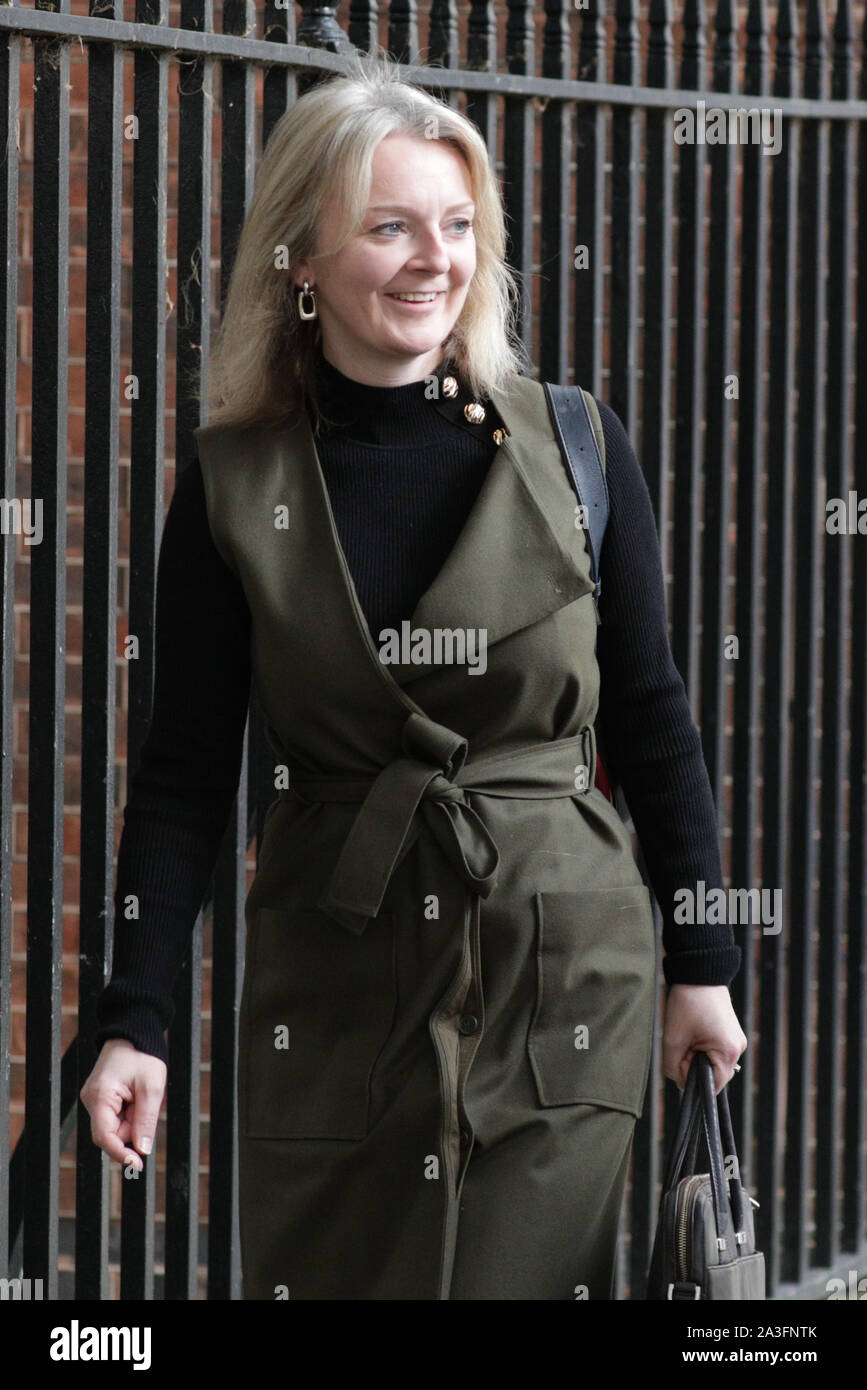 A Downing Street, Westminster London, Regno Unito. 08 ott 2019. Liz Truss, Segretario di Stato per il commercio internazionale e il presidente del consiglio di amministrazione del commercio. Ministri assistere il governo settimanale riunione del gabinetto di Downing Street questa mattina. Credito: Imageplotter/Alamy Live News Foto Stock