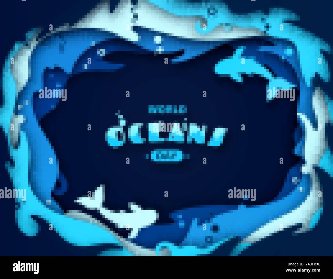 Gli oceani del mondo giorno, carta tecnica. Global celebrare dedicata a proteggere e conservare la purezza dell'acqua, problema di inquinamento in plastica della natura, ecosistema, ce Illustrazione Vettoriale