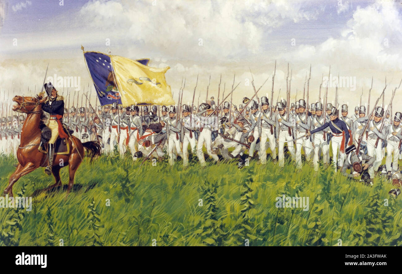 Battaglia di CHIPPAWA 5 luglio 1814. American GenerL brigadiere generale Winfield Scott a capo della sua fanteria nella loro frettolosamente rilasciato grigio rotatorie (breve giacche) Foto Stock