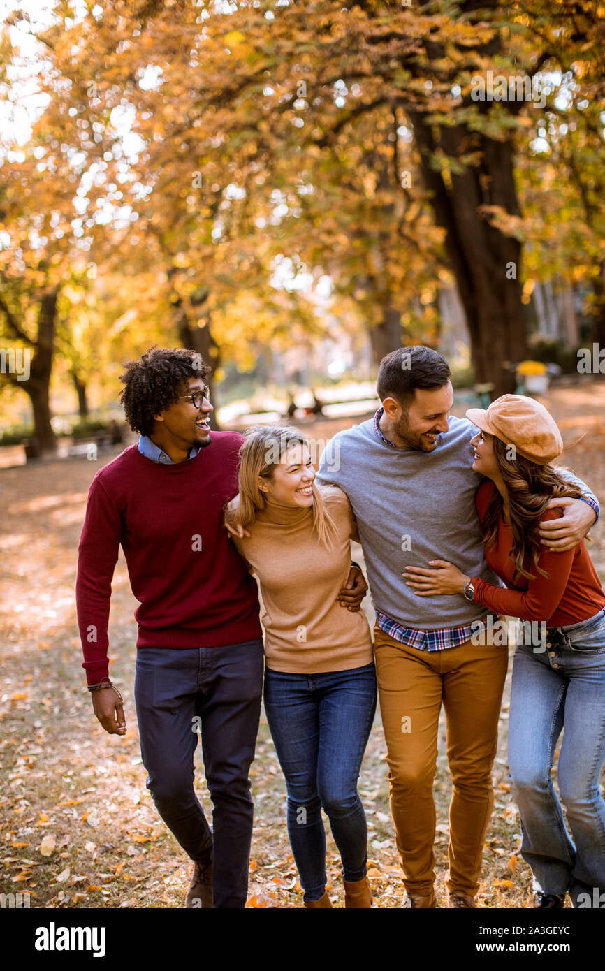 Gruppo di multirazziale giovani passeggiate nel parco di autunno e divertirsi Foto Stock