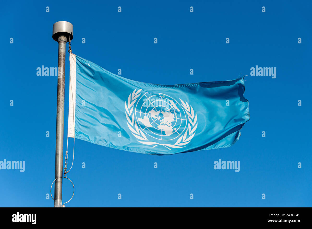 Bandiera delle Nazioni Unite oltre il cielo blu nella città di Québec Foto Stock