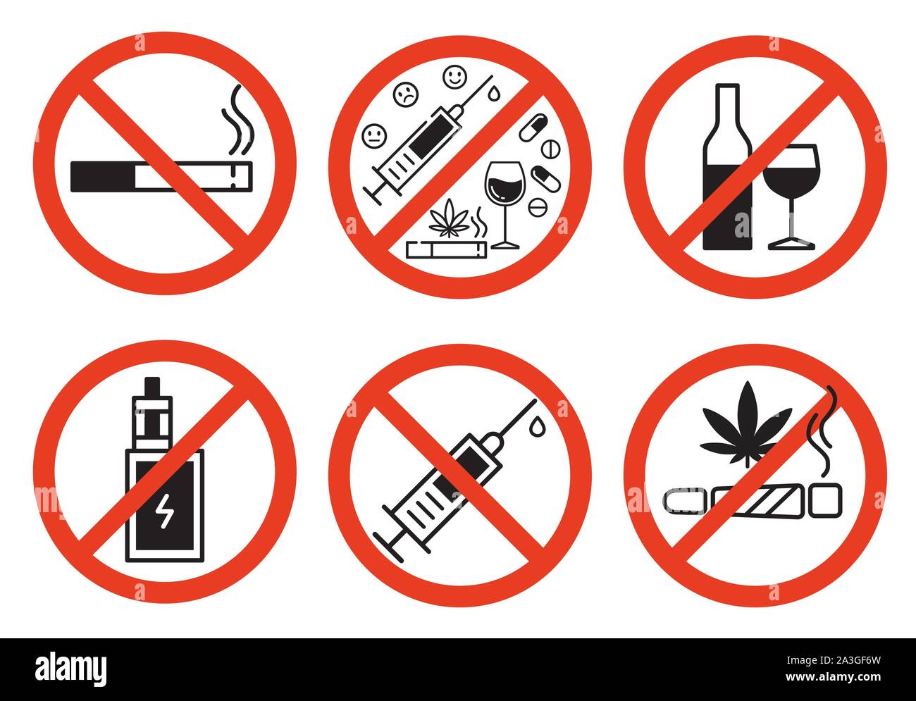Che vieta i segni del vettore. Non fumare, non la droga, non vaping e nessun alcool. Illustrazione isolato su sfondo bianco. Illustrazione Vettoriale
