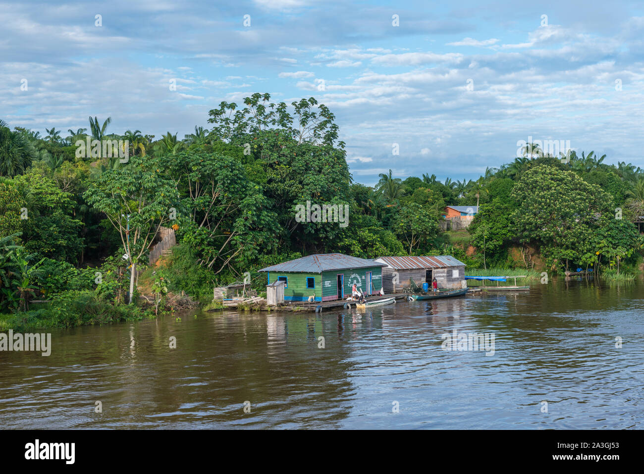 Una due giorni di viaggio in battello da Manaus a Tefé sul fiume Rio Amazonas o Rio Solimoes, la fine della stagione delle piogge, l'Amazzonia, Brasile, dell'America Latina Foto Stock