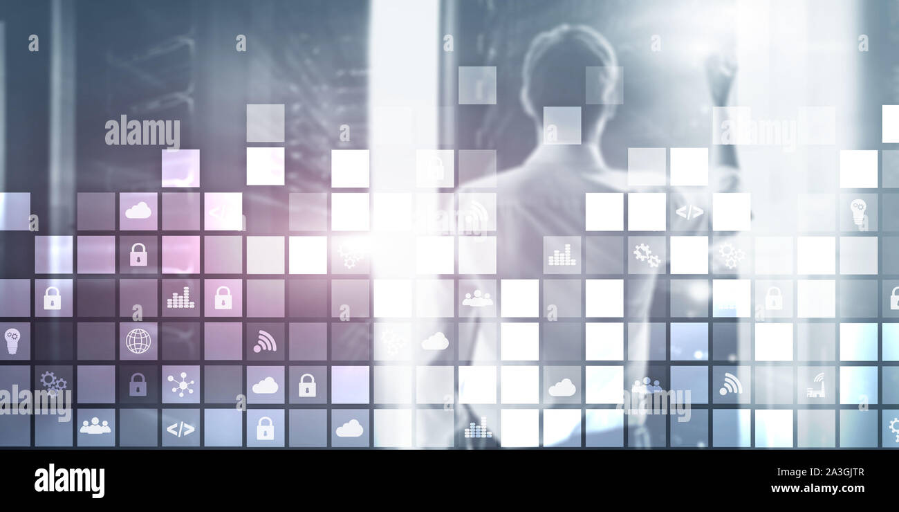 Abstract digitali pixel di sfondo icone sfocate moderna sala server. La tecnologia di telecomunicazione internet Iot di cosa di concetto Foto Stock